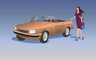 Retro car and a girl next to it on a neutral background. . vector