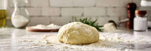 Homemade Pizza Dough on White Countertop, Fresh and Ready to Bake photo