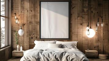 Modern Bedroom Interior with Large Blank Poster Frame mockup photo