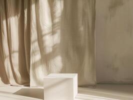 Minimalist Product Podium on White Clean Table with Beige Linen Fabric photo