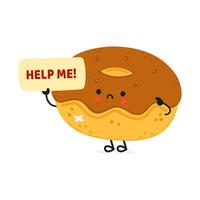Cute sad sick Chocolate Doughnut asks for help character. hand drawn cartoon kawaii character illustration icon. Isolated on white background. Suffering unhealthy Doughnut character concept vector