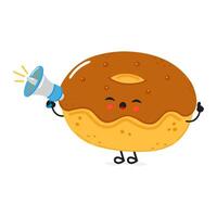 Chocolate Doughnut with loudspeaker character. Hand drawn cartoon kawaii character illustration icon. Isolated on white background. Doughnut screams character concept vector