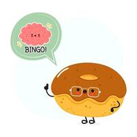 Chocolate Doughnut with speech bubble and brain character. Hand drawn cartoon kawaii character illustration. Isolated white background. Doughnut poster and brain vector