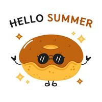 Doughnut character. Hello summer card. Hand drawn cartoon kawaii character illustration icon. Isolated on white background Doughnut character concept vector