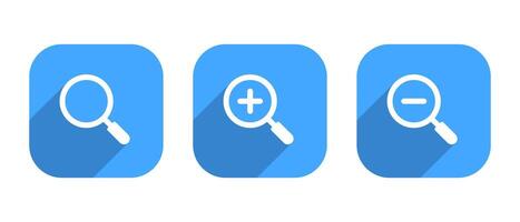 Search and zoom icon with long shadow in square. Find and magnifying glass with plus and minus vector