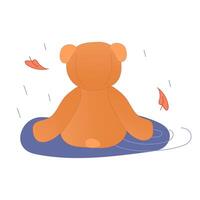 A lone teddy bear sits in the autumn rain. An illustration of longing, loneliness, and sadness. Autumn depression and experiences. . Isolated on a white background. An unhappy childhood. vector