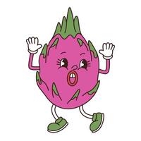 Terrified dragon fruit bounces to the side with his hands up in the air. Groovy fictional character of pitaya fruit. isolated illustartion vector