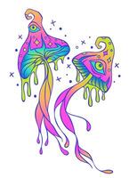 art of two psychedelic mushrooms with gradients and UV neon light effects. Psychedelic Magic Mushrooms. Decorative mushrooms, hippie, hallucination, psilocybin. 60s, 70s. vector