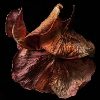 seco flor pétalo textura en negro fondo, elegante naturaleza detalle foto