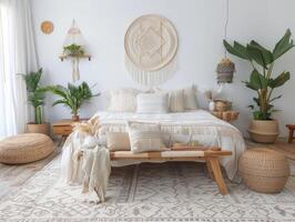 Boho Chic Bedroom, Tulum Vibes in Light Grey and White photo