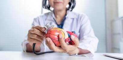 médico con anatómico modelo de humano corazón cardiólogo apoyos el corazón. corazón diagnosticar médico chequeo cardiólogo en examen habitación foto