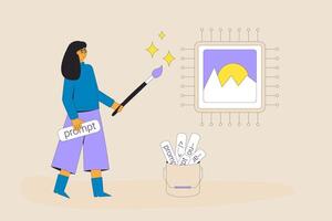 Artificial general intelligence helps to designer to create an image metaphor. illustration. vector