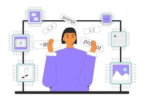 Crafting precise instructions or queries that guide AI models to generate text, visual, audio and content. vector