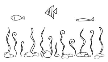 Horizontal Underwater Seabed, Marine Composition. Fishes, Seaweeds and Stones. Hand drawn simple line art. Nautical illustration in Doodle style isolated on white background. vector