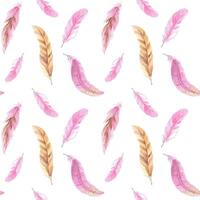 Pink and beige Feathers Watercolor seamless pattern on white background. Hand drawn illustration. Can be used for fabric, textile and packaging prints. vector