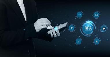 Robotic process automation RPA concept. Business machines technology with support factory service provider industry 4.0 with precision machines for more efficient productivity. photo