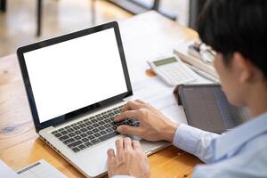 Business man working by using laptop computer Hands typing on a keyboard. Professional investor working new start up project. business planning in office. Technology business Concept. photo