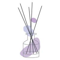 Home Fragrance Linear Icon, Glass Bottle with Wooden Aroma Sticks, Perfume for home, editable black Contour on white background with Abstract Green color Shapes. Isolated Outline Illustration. vector