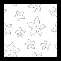 Starfish Seamless Pattern. Outline Doodle illustration of sea star Background. Black and white line art. Hand drawn graphic sketch. Linear print drawing for wrapping paper and fabric vector