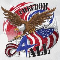 Celebrate Independence Day with this vibrant 4th of July illustration Featuring a bald eagle, American flags, Statue of Liberty, and fireworks vector