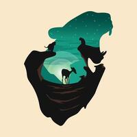 Jungle and deer silhouette on the moon and tiger manipulation background. Symbol of night and wildlife. vector