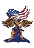 Celebrate Independence Day with this vibrant 4th of July illustration Featuring a bald eagle, American flags, Statue of Liberty, and fireworks vector