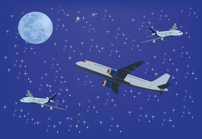 Three airplanes flying in night sky with moon and stars illustration vector