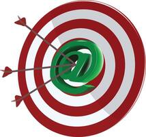 Three arrows hitting the center of a target with an at symbol vector