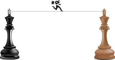 Businessman balancing on a tightrope between two chess pieces vector