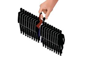 Large hand picking a candidate from a row of business people vector