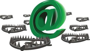 Green at symbol surrounded by bear traps representing internet security risks vector