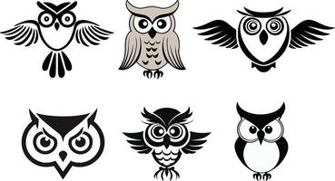 A set of silhouette illustrations of cute owls, nocturnal bird silhouettes facing forward vector