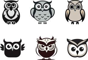 A set of silhouette illustrations of cute owls, nocturnal bird silhouettes facing forward vector