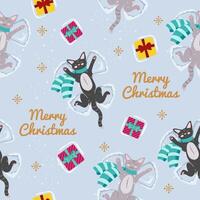 Happy Christmas seamless pattern on light background. Black and grey cats lie on the snow i surrounding by gifts and make snow angels. Background for printing on any surface. vector