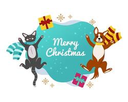 Corgi puppy and cat lie on their back and smile cheerfully, winter activities, greeting card, banner template. vector