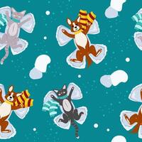 Happy Christmas seamless pattern on turquoise background. Corgi dogs and cats lie on the snow in a scarf and makes a snow angels. vector
