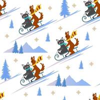 Christmas seamless pattern contains a cute cat and dog sledding down a mountain, around a fir tree and a mountain on a white background. vector