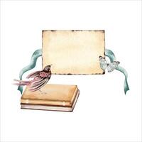 Copy space design with bird, books, ribbon and butterfly. Elegant title. Template for your text. Hand drawn watercolor illustration isolated on white background. For invitations, postcards and flyers vector