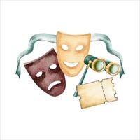 Theatrical comedy and tragedy emotion masks with binoculars and copy space ticket. Watercolor illustration isolated on white background. Vintage musical program logo, play poster or flyer design vector