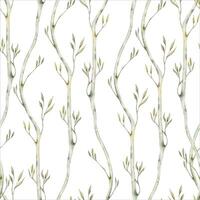 Seamless pattern with abstract tree branches. Elegant green leaves. Watercolor illustration isolated on white background. Hand drawn botanical leaf design for nature backgrounds, wallpapers and prints vector