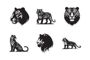 Black tiger illustration. Set tiger silhouette logos, face for logos, emblems, badges and labels. Isolated on white background vector