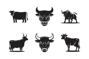 Bull set. Silhouettes of standing in different poses and butting up bulls. Isolated on white background vector