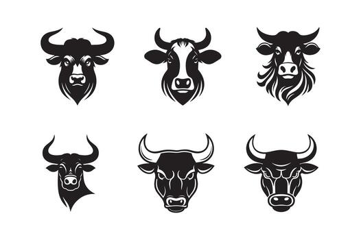 Bull set. Silhouettes of standing in different poses and butting up bulls. Isolated on white background. vector