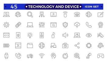 Technology and Device web icons in outline style. Computer monitor, smartphone, tablet, laptop, Mail, Search, Cloud, Media icon.Big UI icon set in a flat design. Technology and Device web icons. vector