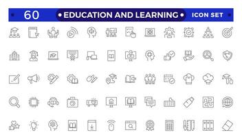 Education and Learning Outline icons set. Education, School, Learning, university, textbook.Containing tuition, e-learning, online courses, educational websites, and digital education icons. vector