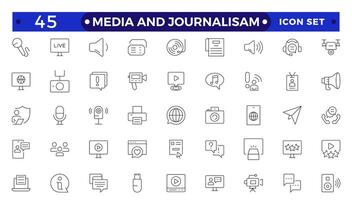 Journalism and mass media outline icon set. Containing microphone, journalist, press conference, newspaper social networks, public communication, and networking. vector