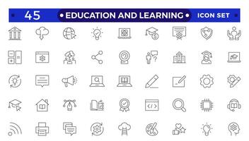 Education and Learning Outline icons set. Education, School, Learning, university, textbook.Containing tuition, e-learning, online courses, educational websites, and digital education icons. vector