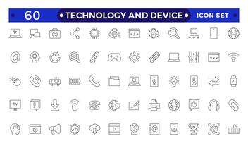 Technology and Device web icons in outline style. Computer monitor, smartphone, tablet, laptop, Mail, Search, Cloud, Media icon.Big UI icon set in a flat design. vector