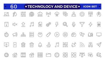 Technology and Device web icons in outline style. Computer monitor, smartphone, tablet, laptop, Mail, Search, Cloud, Media icon.Big UI icon set in a flat design. vector