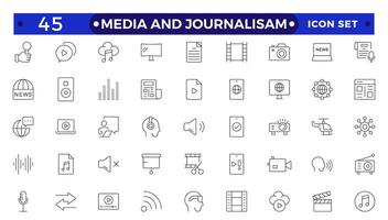 Journalism and mass media outline icon set. Containing microphone, journalist, press conference, newspaper social networks, public communication, and networking. vector